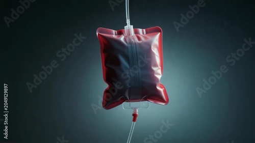 Blood bag hanging in a dark background showing medical supplies for donation and transfusion purposes in a health facility
