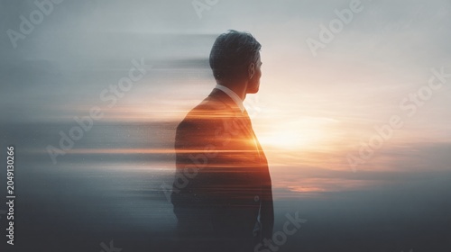 Abstract Double Exposure Businessperson with Glowing Lines