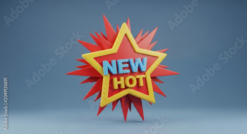 3D glowing new hot star burst with golden rays on blue gradient background