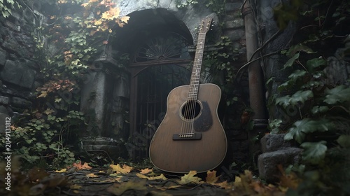 Acoustic guitar leaning against tree in autumn forest