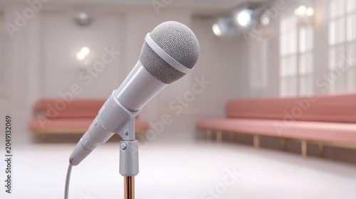 Microphone on Stand in Studio Space with Soft Lighting and Pink Seating