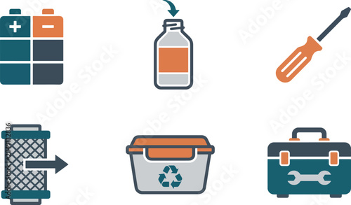 circular repair economy icon set featuring reusable products maintenance tools and sustainable consumption elements on  isolated background