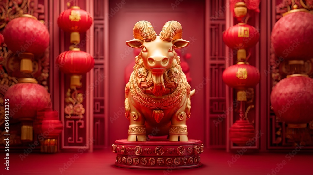 Obraz premium Traditional Goat Statue Adorned with Engraved Patterns in Festive Setting