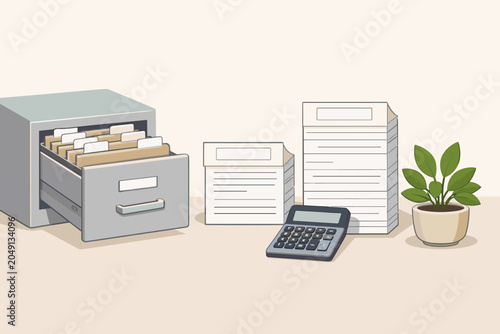 File organization and planning tools on a simple desk with a calculator and a plant near a drawer filled with folders