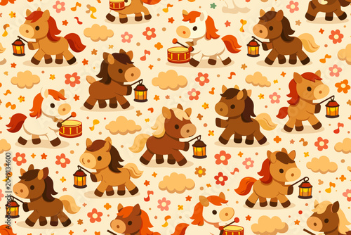 Colorful pattern of cartoon horses in various poses with drums and lanterns on a light background filled with flowers and clouds