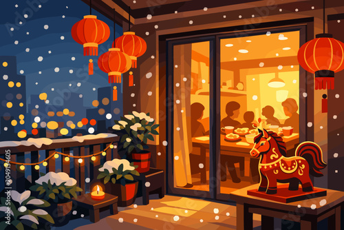 People gather for a meal in a warm room while snow falls and lanterns glow outside in the evening