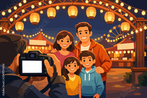 Family poses for a photo at a festival under bright lanterns and lights in the evening