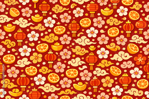 Colorful pattern of lanterns, flowers, coins, and oranges on red background for festive celebrations and decorations