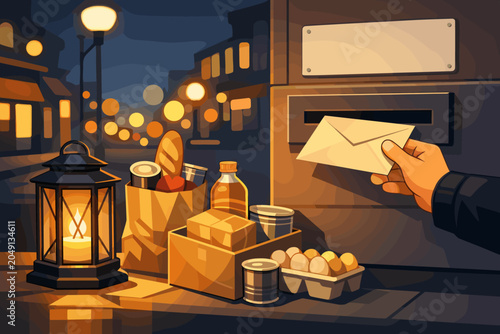 Delivery at night with food items and letter at mailbox on a quiet street in a city