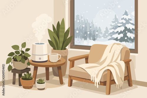 Cozy indoor space with a warm drink and plants by the window during winter