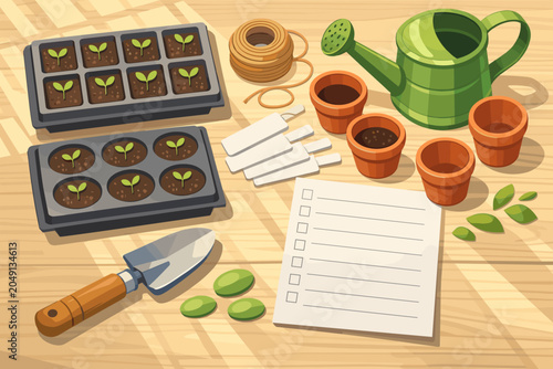 Garden tools and seed trays are set up on a wooden table with pots and a watering can ready for planting seeds in spring