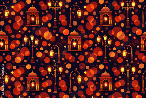 Pattern of street lamps and lanterns with colorful circles in a dark setting during a nighttime scene