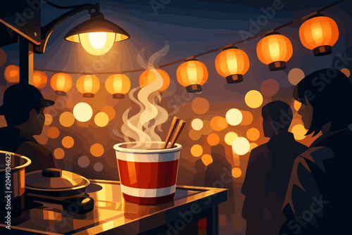 People enjoy food from a stall at a night market during a festival with glowing lanterns in the background