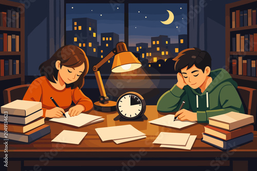 Students study together at night in a library with books and a lamp shining on their desk while a clock ticks nearby