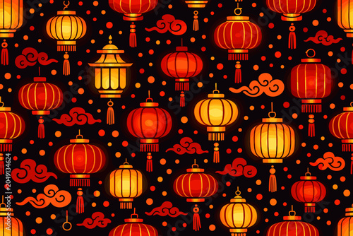 Decorative design with red and orange lanterns on black background for festive celebrations during the holiday season
