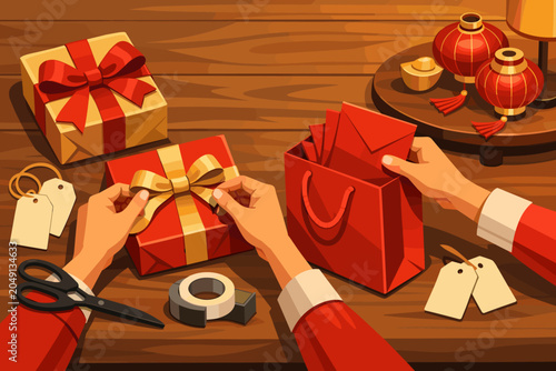 Hands wrap gifts with bows and tags on a wooden table with decorations during a festive season at home