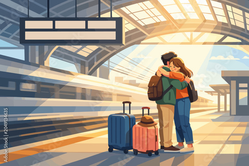 Couple hugs at train station during golden hour with luggage in the background and train approaching