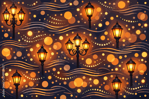 Street lamps shine bright against a dark background with colorful circles and flowing lines in a decorative pattern at night