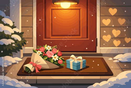 Gift and flowers on a doorstep in winter with snow and hearts on the wall
