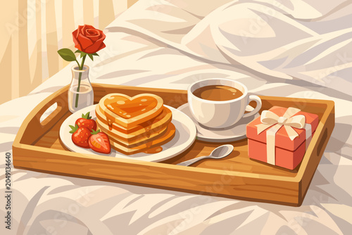 Breakfast in bed with heart-shaped pancakes, coffee, strawberries, and a gift on a wooden tray