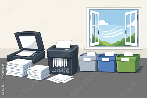 Office area with a scanner, shredder, and recycling bins during the day while windows are open to let in fresh air