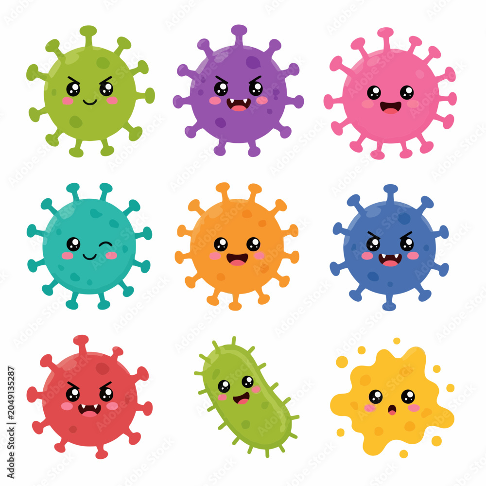 Fototapeta premium Cute Virus Characters - Cartoon Microbe Collection
