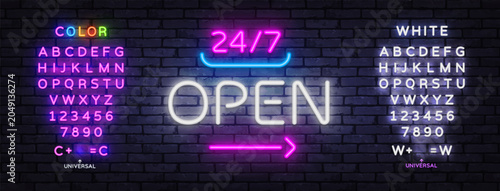 Neon open lettering with editable alphabet and bright numeric characters. Modern glowing font template for advertising, retail or business design.