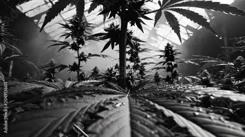 Low Angle Black and White View of Cannabis Plants Growing in a Greenhouse with Overhead Lighting and Fog