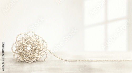 Knotted string sitting on a wooden table in soft natural light  
