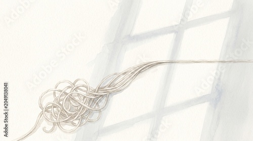 Abstract white thread tangled on light background with window shadow  