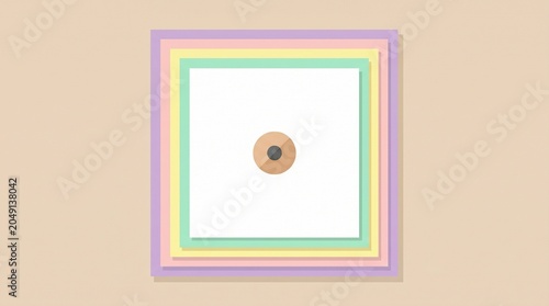 Colorful layered frames with a central dot on a beige background  