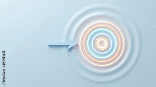 Abstract graphic with arrow and circular waves on blue background  