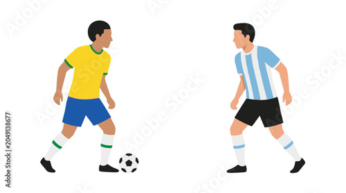 Soccer players from brazil and argentina national teams facing each other with a ball