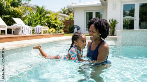 Mother and daughter enjoying a sunny day swimming together in a backyard pool