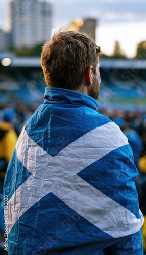 Scottish football fan wrapped in national flag at stadium