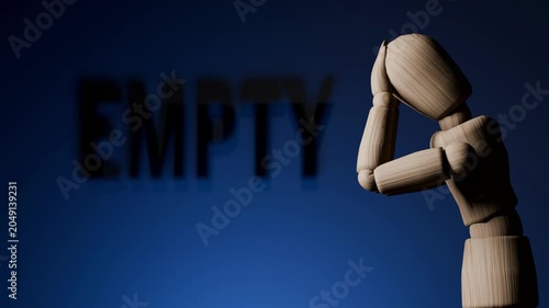 Empty concept animation, wooden mannequin touching mirror, feeling of inner emptiness and loneliness, dark minimal psychological 3D scene