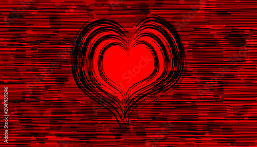 Cuadro en lienzo A bold and expressive abstract red background featuring a hand-drawn black heart shape layered with dynamic sketch-style strokes