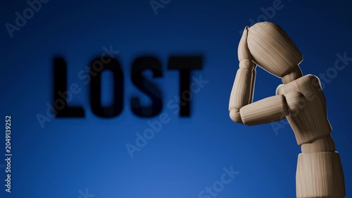 Lost concept animation, wooden mannequin touching mirror, feeling lost identity confusion and emotional isolation, dark minimal 3D scene