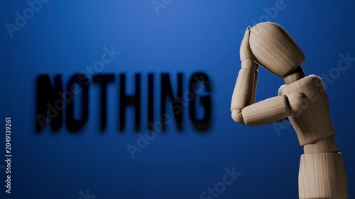Nothing concept animation, wooden mannequin touching mirror, sense of total emptiness and absence of identity, dark minimal existential 3D scene