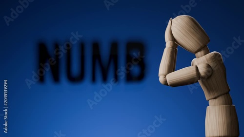 Disconnected numb concept animation, wooden mannequin touching mirror without emotion, emotional numbness and mental disconnection, dark minimal 3D scene