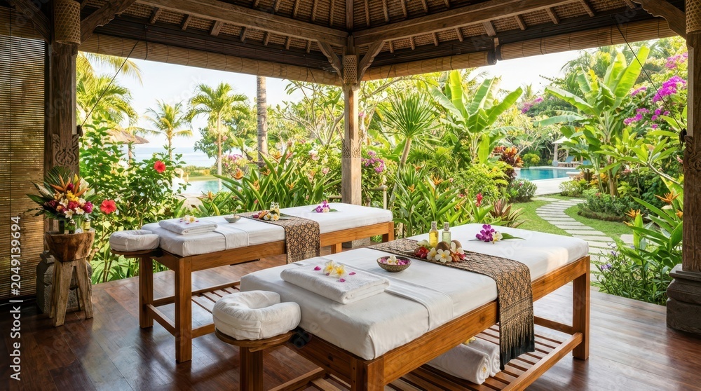 Fototapeta premium Tropical spa massage beds set up outdoors with lush garden and ocean view