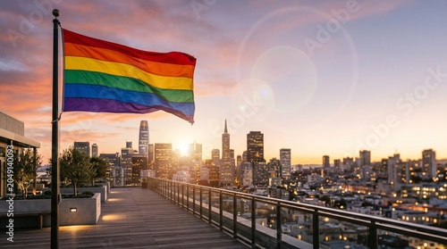 Rainbow flag flying on rooftop terrace overlooking San Francisco skyline at sunset