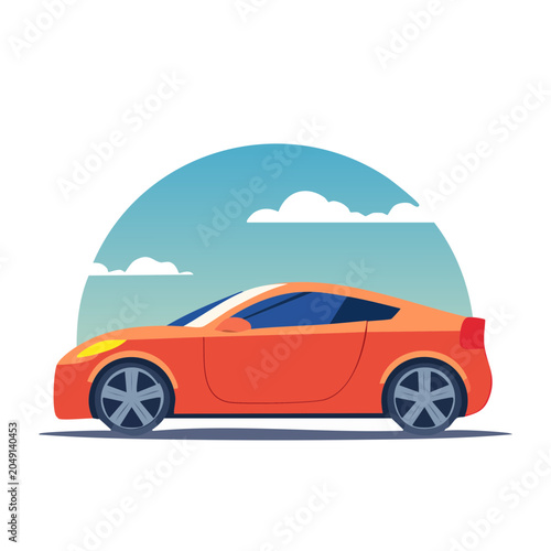 Orange sports car illustration with sky background