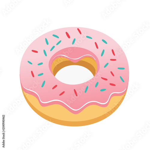 Pink frosted donut with sprinkles on white background