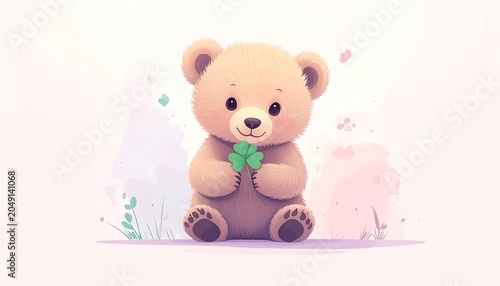 四つ葉のクローバーを抱えて座るクマの素材(ピンク）