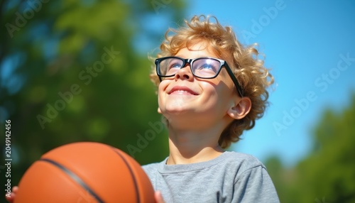Boy with curly hair wears glasses holds basketball. He smiles, looks up to sky outdoors. Child enjoys sport, outdoor activity, healthy lifestyle, vision care.