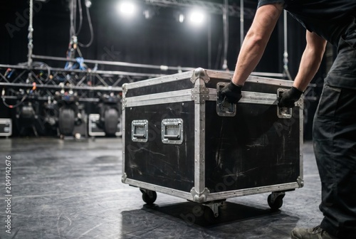 Stagehand moving a heavy black road case with metal hardware across a dark stage floor
