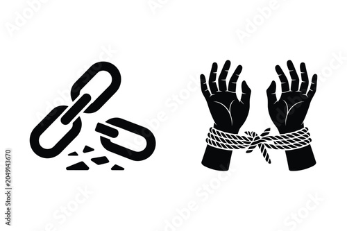 Foto Freedom and oppression concept icons broken chain and hands tied with oppression