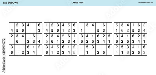 Large Print Beginner 6x6 Sudoku for Seniors Vector