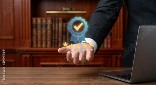 Fotografija Businessman holding holographic quality assurance medal with five stars in law office